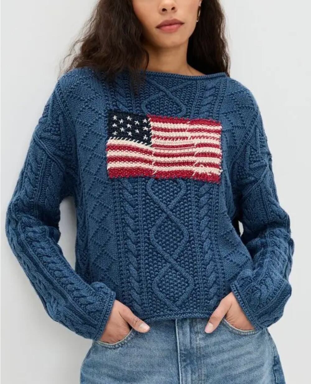 Polo Ralph Lauren Womens Cable Sweater Flag Aran-Knit Cotton Blue Size S Small